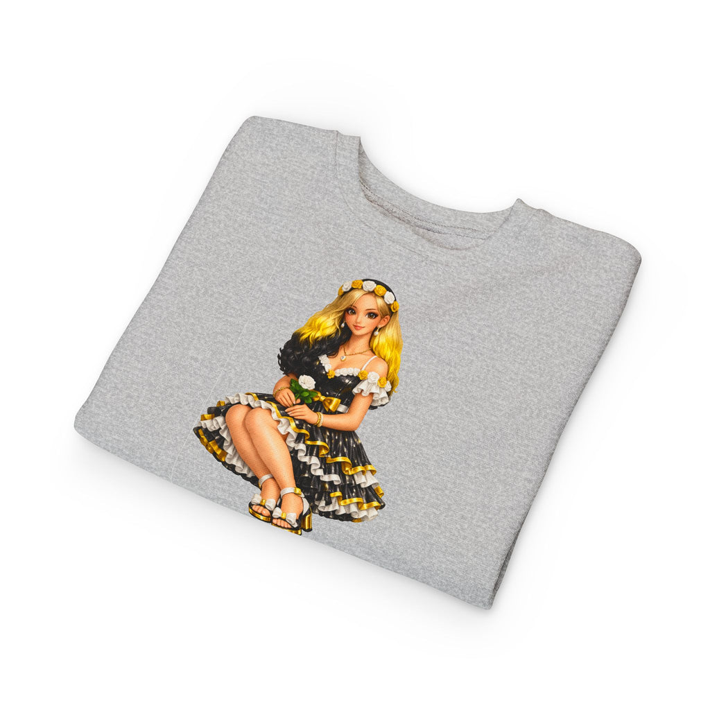 Toddler Sweatshirt — Vintage Doll in Yellow & Black Floral Dress Kids Pullover