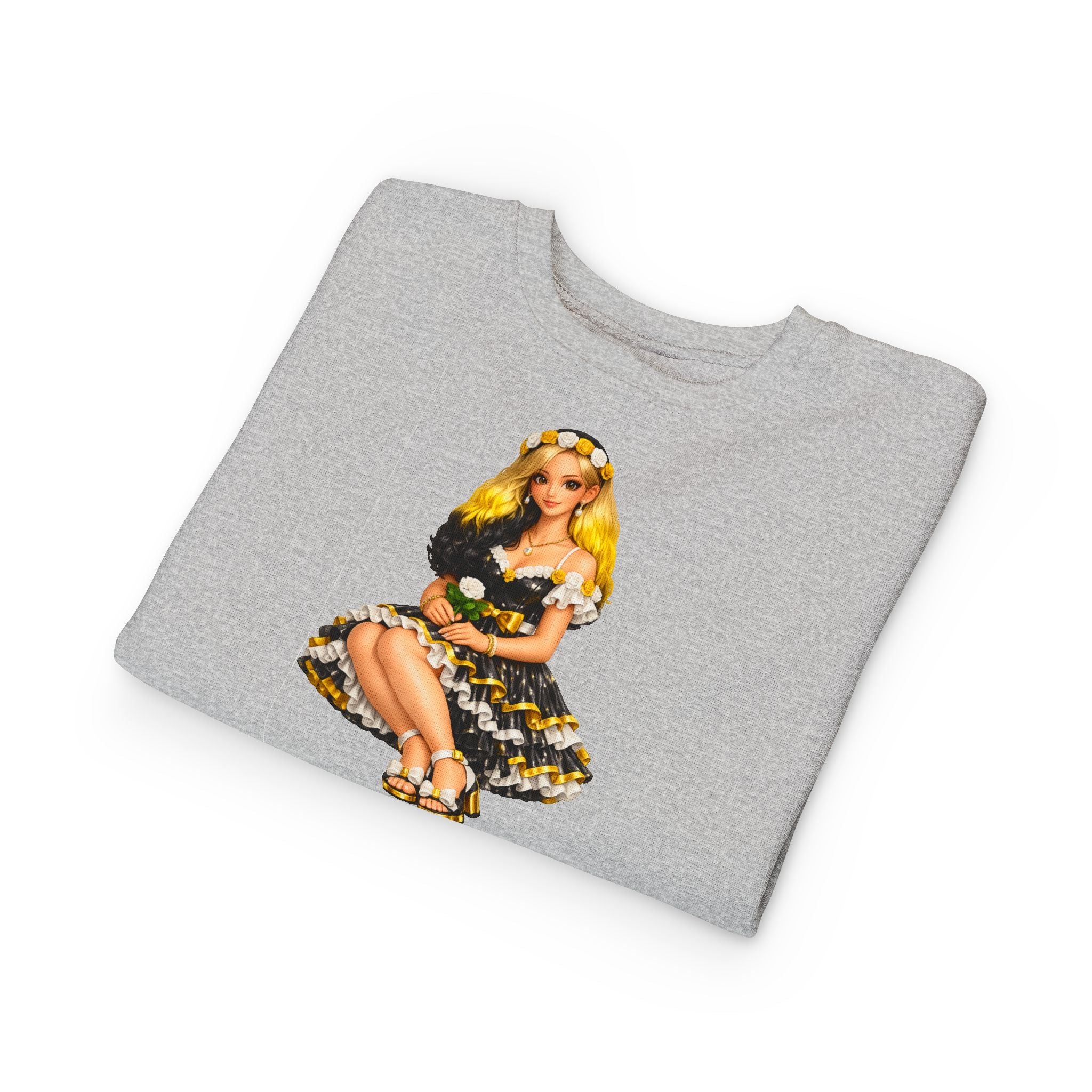 Toddler Sweatshirt — Vintage Doll in Yellow & Black Floral Dress Kids Pullover